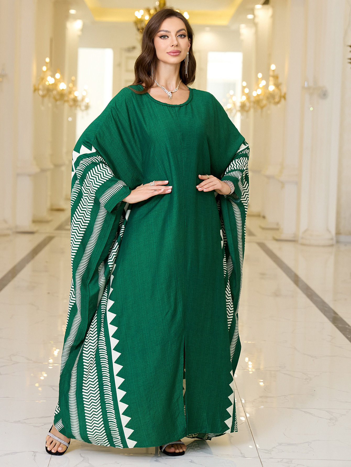 Geometric Pattern Kaftan Maxi Dress with Long Batwing Sleeves for Beach Cover Up